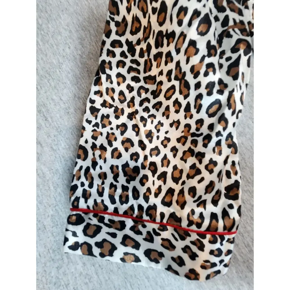 Kathryn Leopard Print Pajama Set XL Satin‎ Feel Red Trim Button Front Lounge